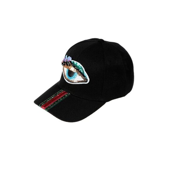 Evil Eye Sequin Lashes Striped Rhinestone Cap - Picture 2 of 4